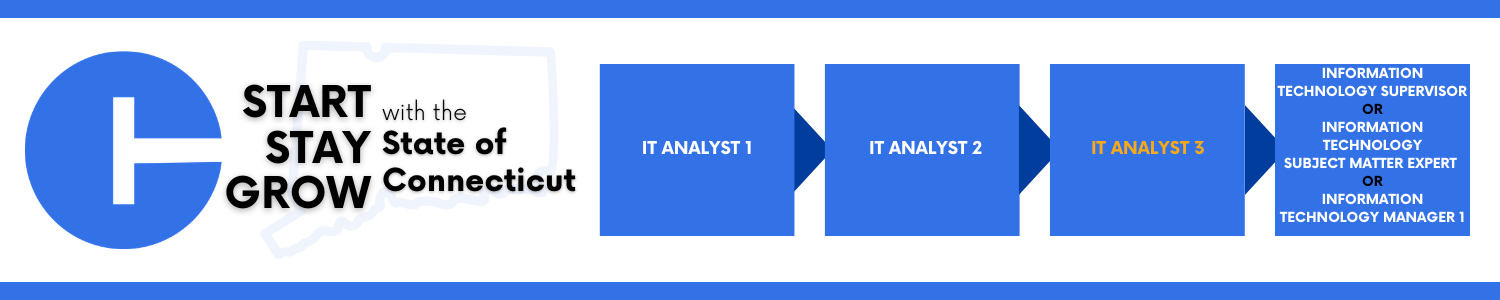 Circular blue icon on the left followed by the text Start, Stay, Grow with the State of Connecticut, and a horizontal progression of blue boxes showing career steps: IT Analyst 1, IT Analyst 2, IT Analyst 3, followed by IT Supervisor or IT Subject Matter Expert or IT Manager 1.